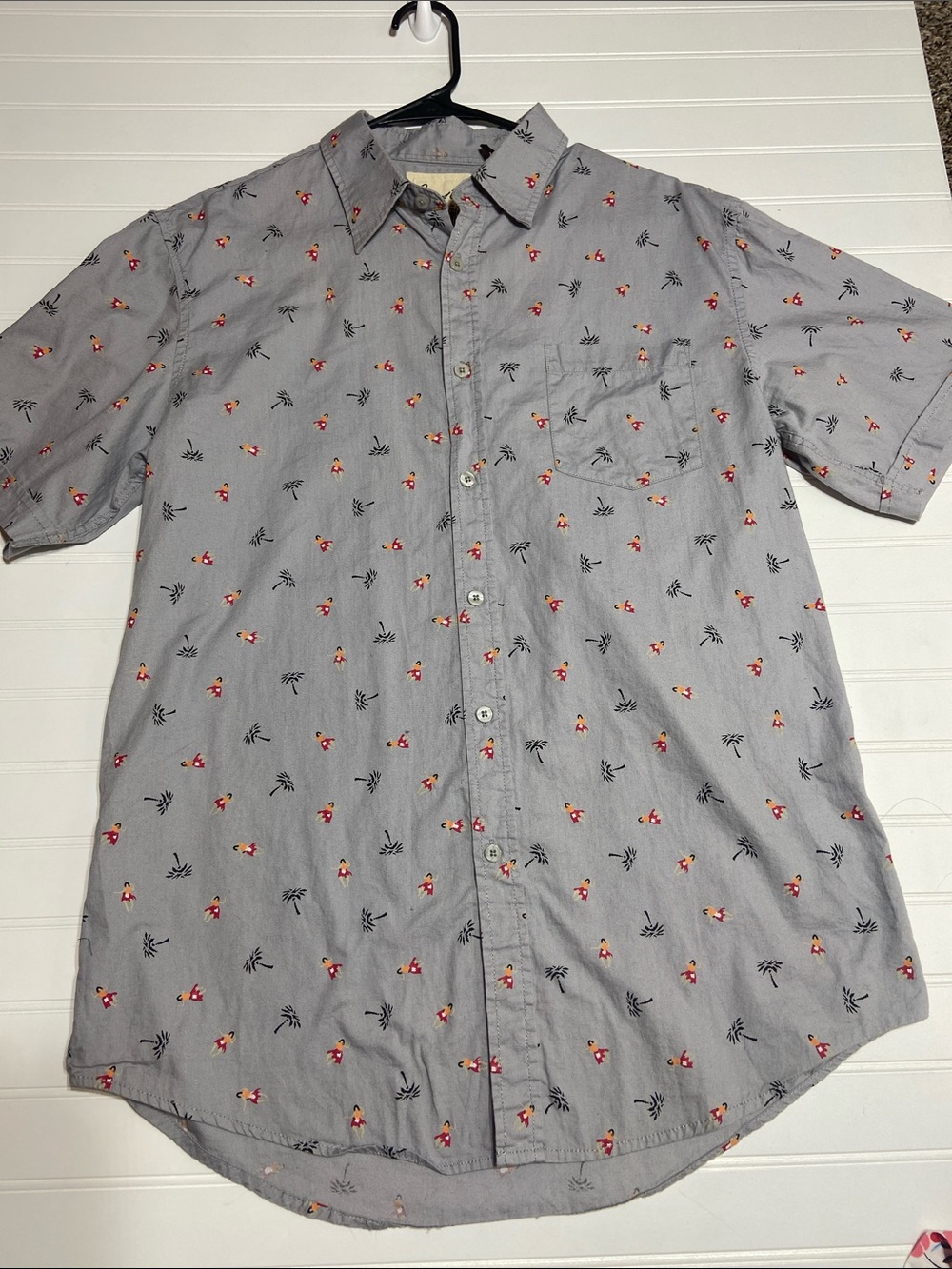 Coastal Short Sleeve Button Down Shirt Mens L 100% Cotton Gray Hula/Palm Tree